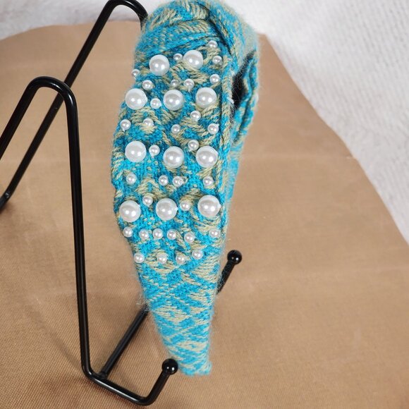 Handmade Poly Turquoise Sweater Material White Faux Pearl Embellished Headband - Picture 7 of 16